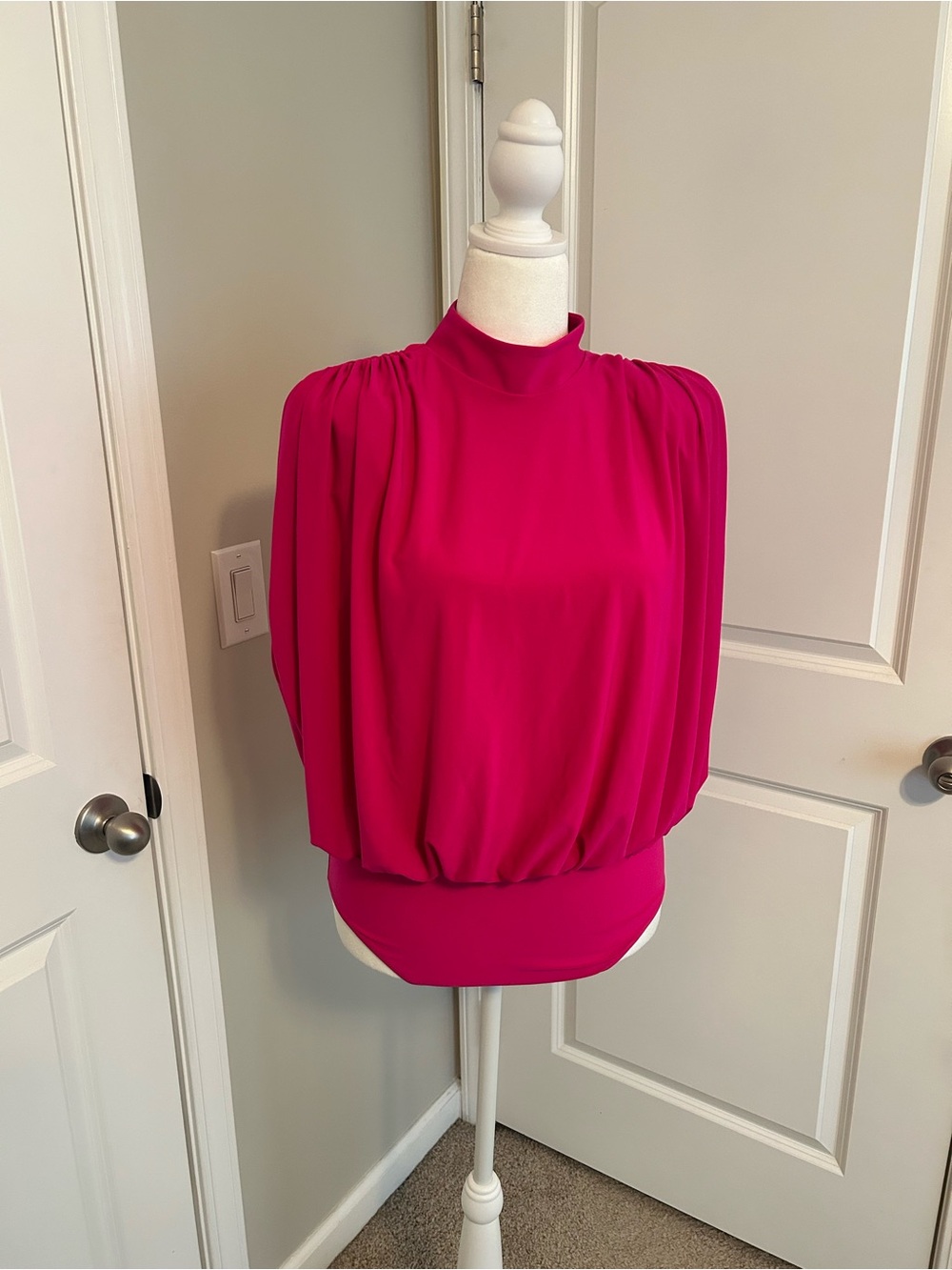 Express Fuchsia High-Neck Open Back Blouson Bodysuit